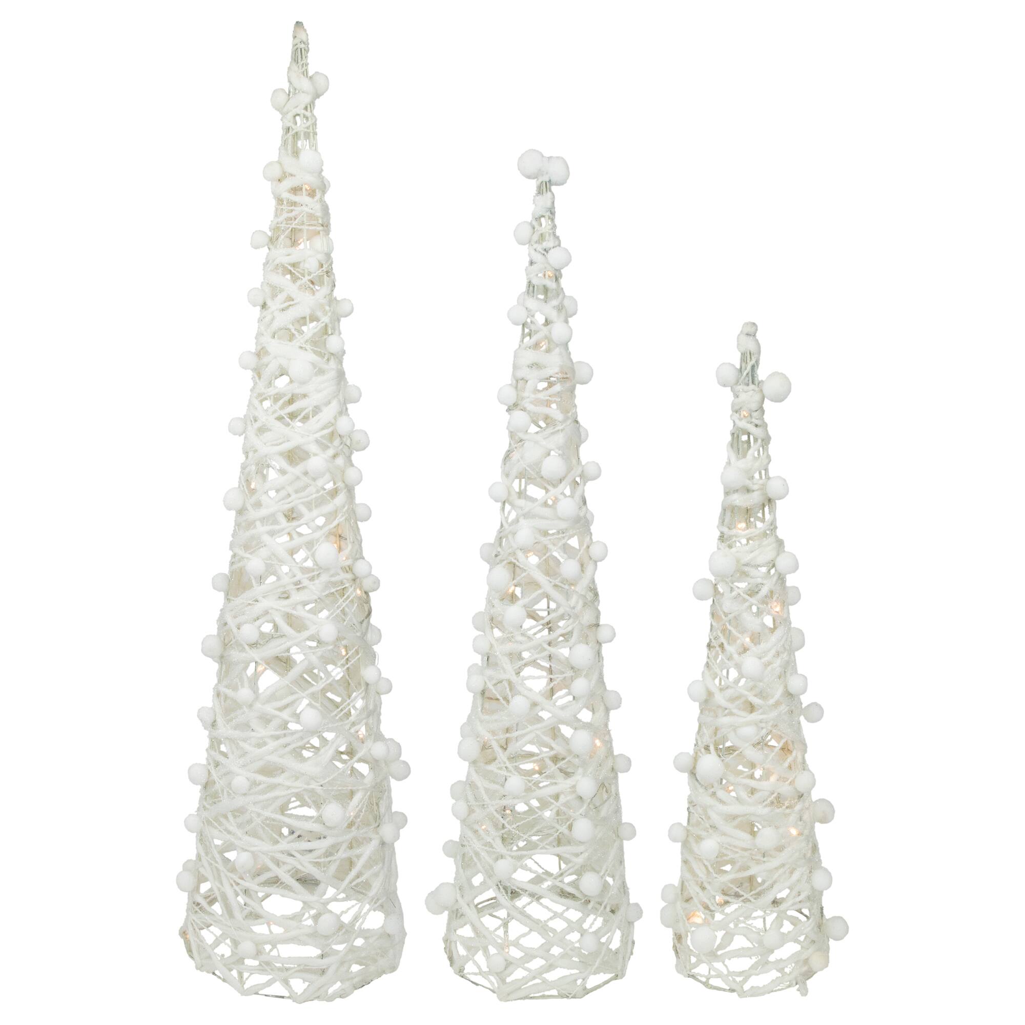 23.5", 31.25", & 39.25" Pre-Lit White & Silver Cone Artificial Christmas Tree Set, Clear LED Lights